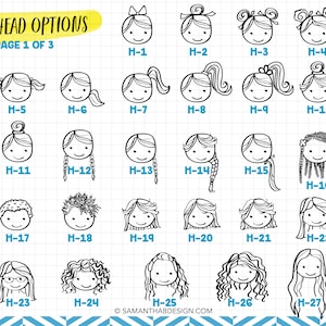 May include: A grid of twenty-seven black and white line art illustrations showing various head and hairstyle options labeled H-1 through H-27. The text HEAD OPTIONS PAGE 1 OF 3 appears at the top left, and SAMANTHABDESIGN.COM is at the bottom.