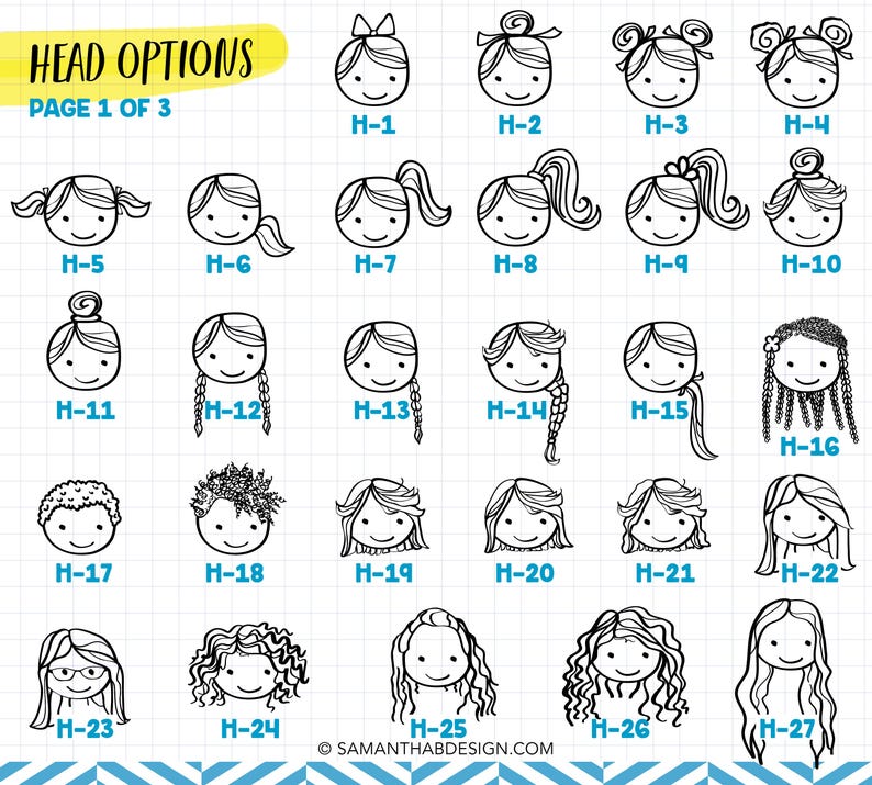 May include: A grid of twenty-seven black and white line art illustrations showing various head and hairstyle options labeled H-1 through H-27. The text HEAD OPTIONS PAGE 1 OF 3 appears at the top left, and SAMANTHABDESIGN.COM is at the bottom.