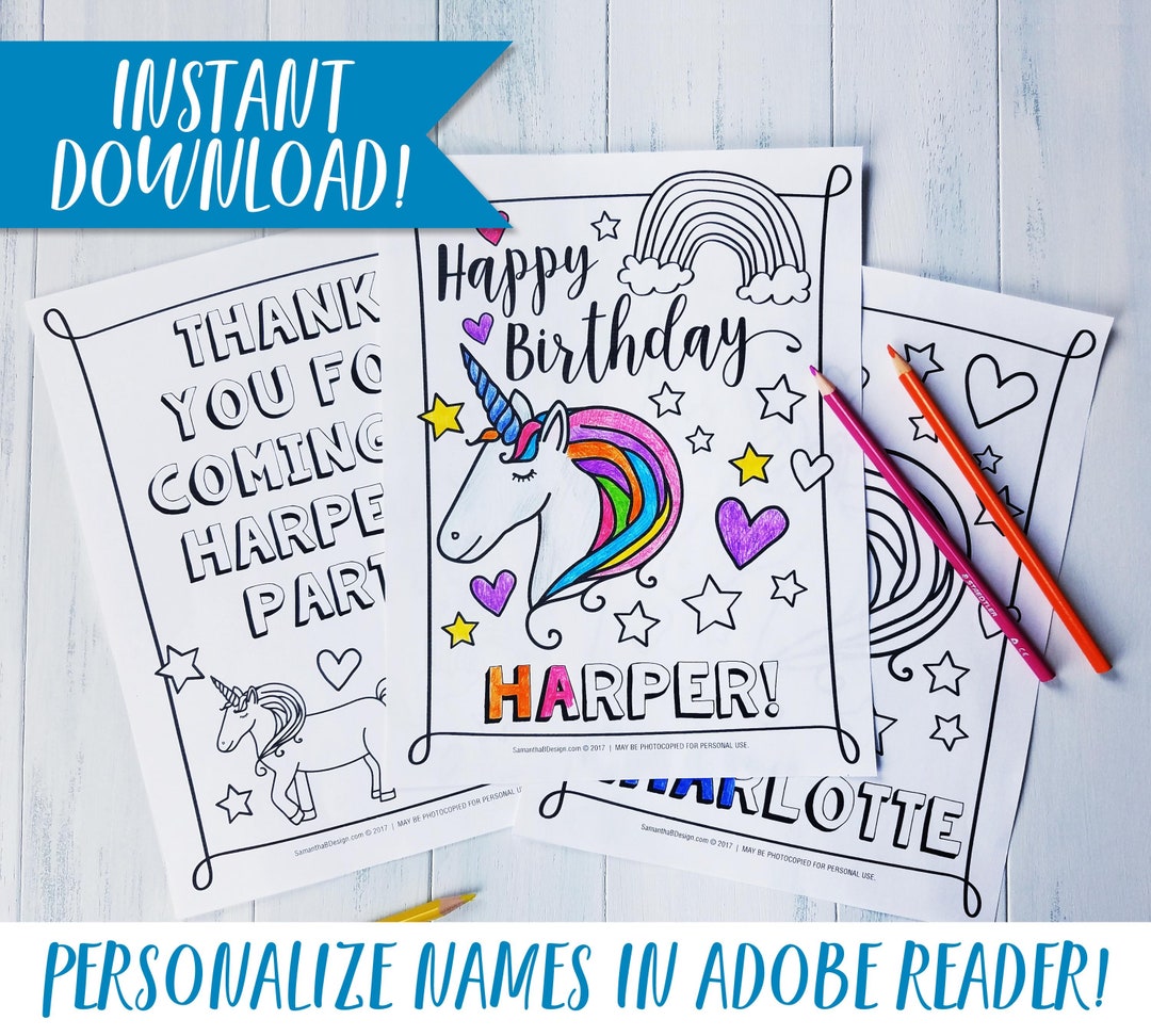 Unicorn Birthday Party Personalized Coloring Sheet Party Favor or ...