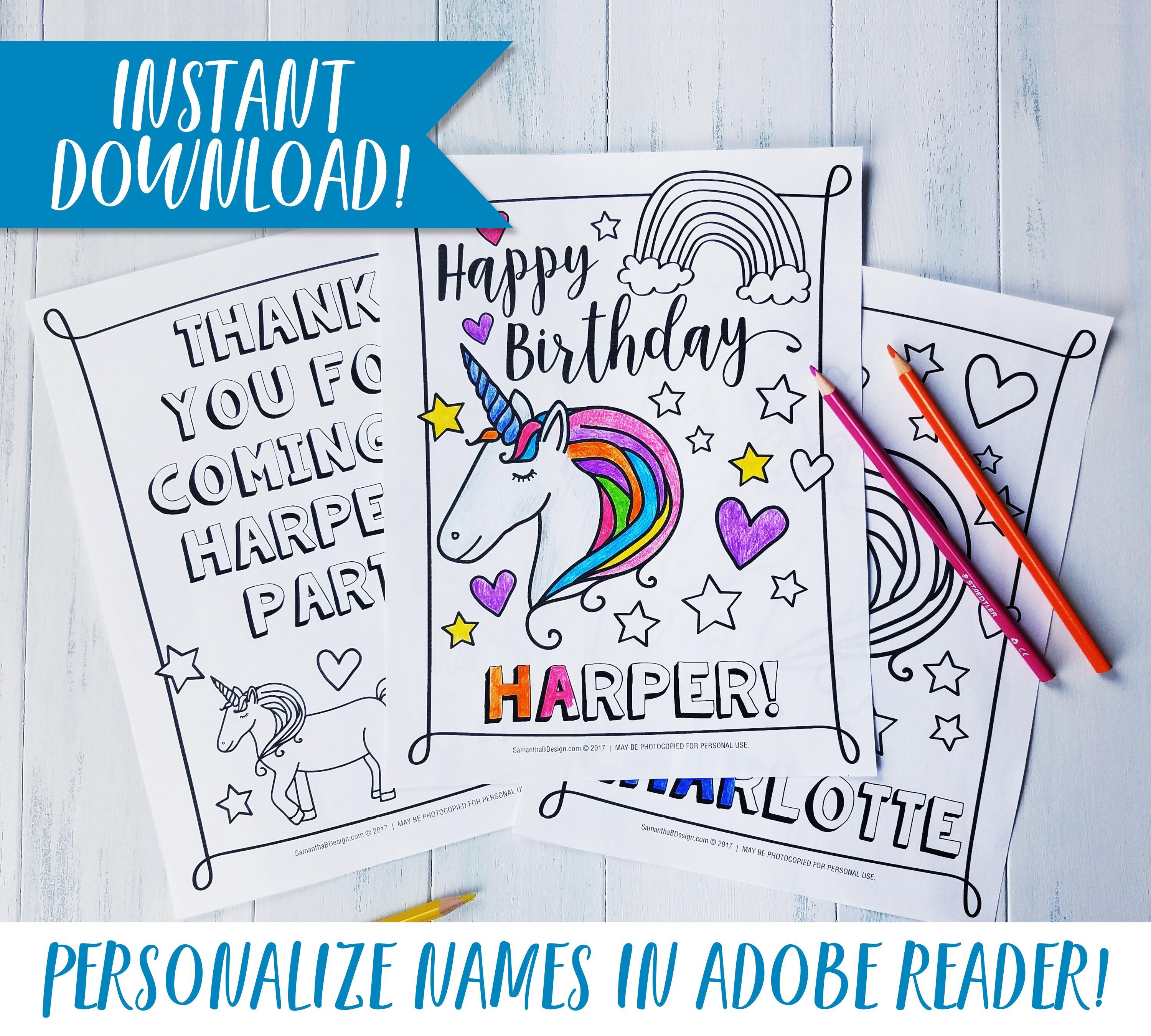 Personalized Unicorn Coloring Pages for Birthday Party | Editable ...