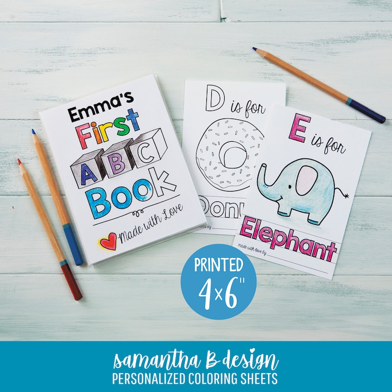 A set of 4x6" illustrated ABC Cards with a flexible, plastic album included for the final pages. Each guest can color a page and sign the bottom.