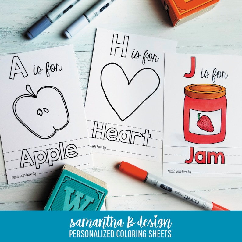 May include: Three educational coloring sheets featuring letters A, H, and J. The A sheet shows an apple, H shows a heart, and J shows a jar of jam. Each sheet includes the text 'is for', the word for the object, and a 'made with love by' line.