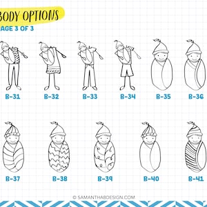 May include: A grid chart titled BODY OPTIONS PAGE 3 OF 3 featuring black and white line art illustrations of stick figures. The top row shows figures with various clothing and swaddled infants labeled B-31 to B-36. The bottom row shows swaddled infants labeled B-37 to B-41.