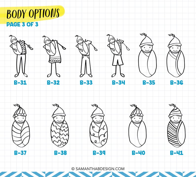 May include: A grid chart titled BODY OPTIONS PAGE 3 OF 3 featuring black and white line art illustrations of stick figures. The top row shows figures with various clothing and swaddled infants labeled B-31 to B-36. The bottom row shows swaddled infants labeled B-37 to B-41.
