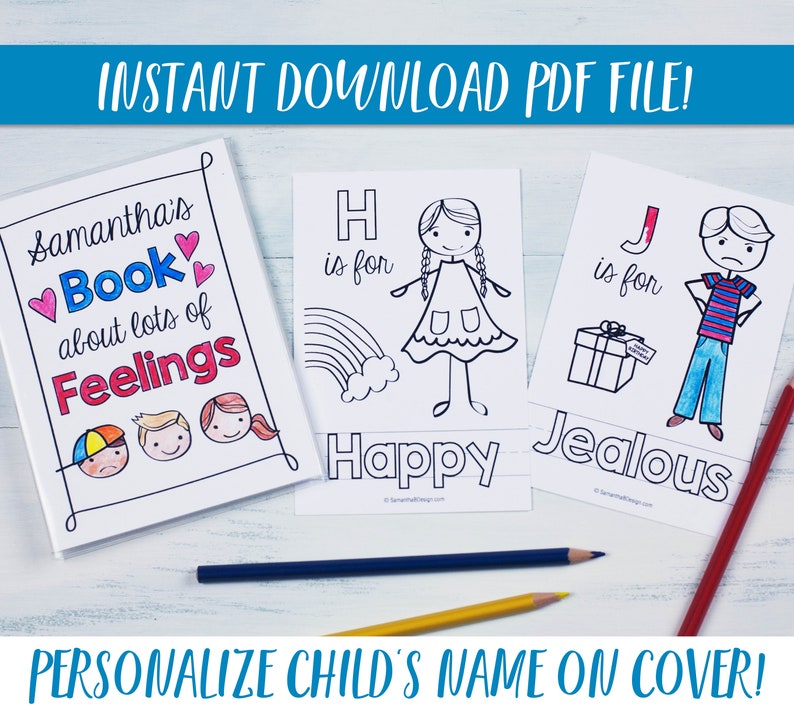 Feelings and Emotions Coloring Book / Personalized Feelings and Emotions Cards / PDF Download image 1