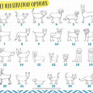 May include: A grid of twenty-five black and white line art illustrations of dogs and cats, each labeled with a number. The header text reads PET ILLUSTRATION OPTIONS and the footer text reads SAMANTHABDESIGN.COM on a white grid background.