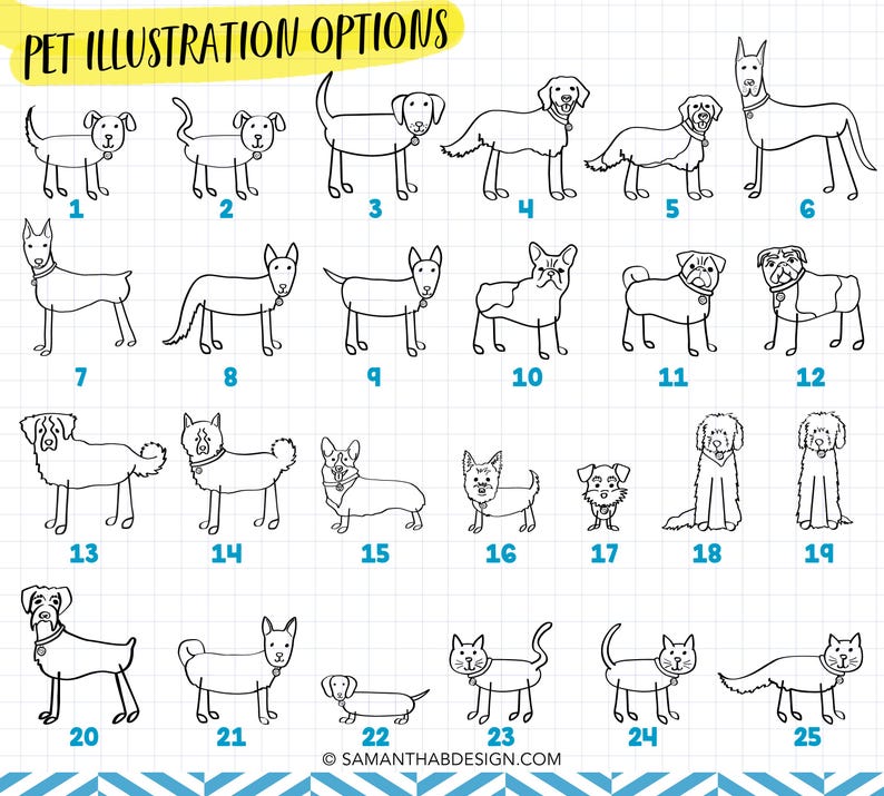 May include: A grid of twenty-five black and white line art illustrations of dogs and cats, each labeled with a number. The header text reads PET ILLUSTRATION OPTIONS and the footer text reads SAMANTHABDESIGN.COM on a white grid background.