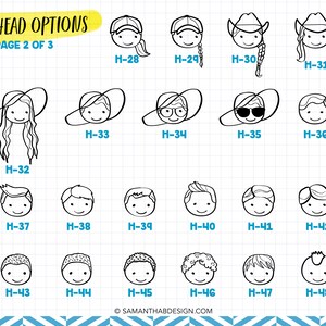 May include: A grid of black and white line art illustrations showing various head and hairstyle options labeled H-28 through H-48. The text HEAD OPTIONS and PAGE 2 OF 3 appear at the top, with SAMANTHABDESIGN.COM at the bottom on a grid background.