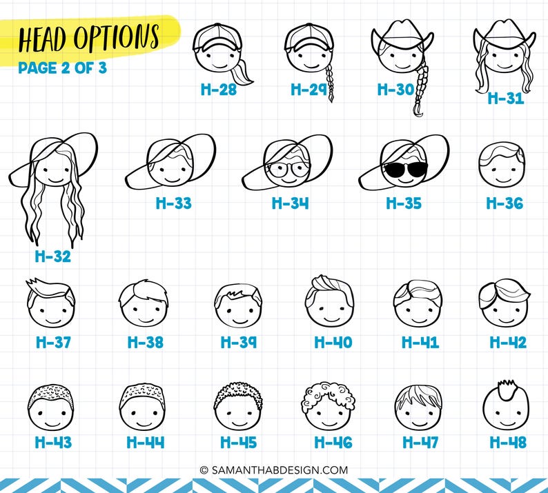 May include: A grid of black and white line art illustrations showing various head and hairstyle options labeled H-28 through H-48. The text HEAD OPTIONS and PAGE 2 OF 3 appear at the top, with SAMANTHABDESIGN.COM at the bottom on a grid background.