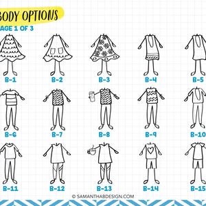 May include: A grid of fifteen black and white line art illustrations labeled BODY OPTIONS PAGE 1 OF 3. Each figure displays a different outfit style, ranging from dresses to shirts and pants, with labels B-1 through B-15 below each drawing.