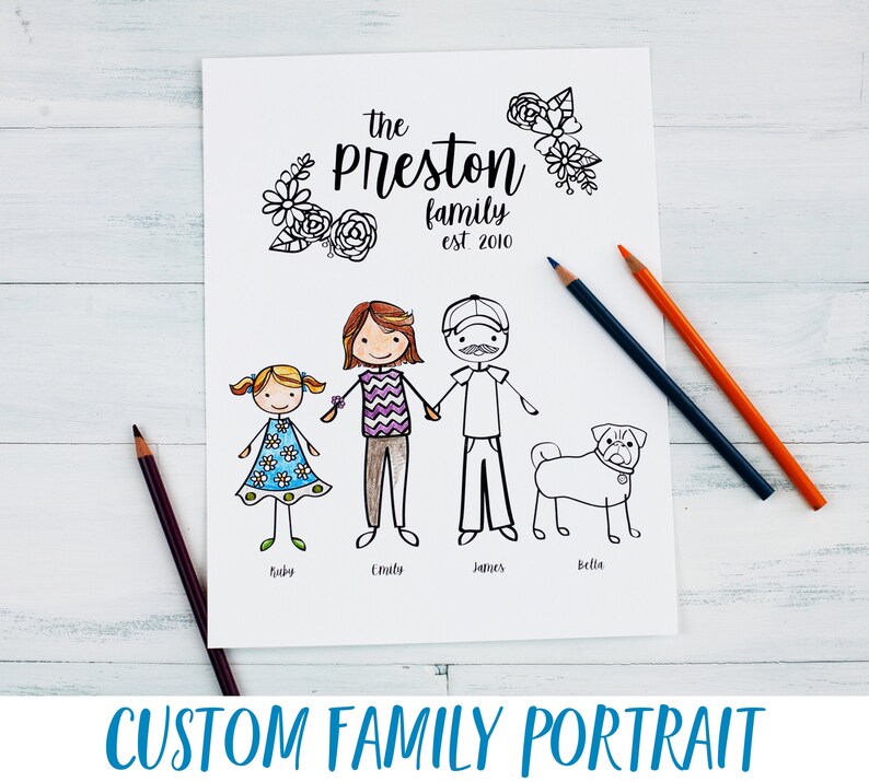 Family Portrait Illustration Coloring Sheet Custom | Etsy