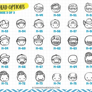 May include: A grid of black and white line art illustrations showing various head options labeled H-49 through H-76. The sheet is titled HEAD OPTIONS PAGE 3 OF 3 and features diverse hairstyles, hats, glasses, and facial hair styles on simple faces.