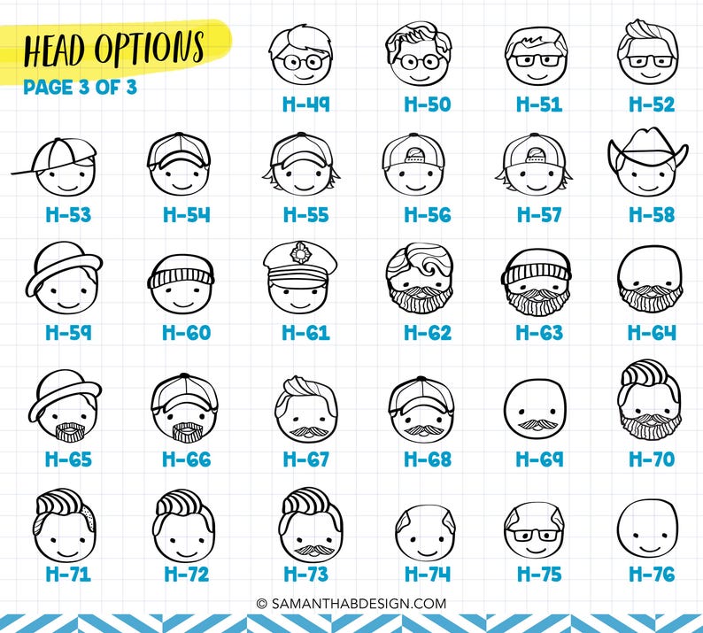 May include: A grid of black and white line art illustrations showing various head options labeled H-49 through H-76. The sheet is titled HEAD OPTIONS PAGE 3 OF 3 and features diverse hairstyles, hats, glasses, and facial hair styles on simple faces.