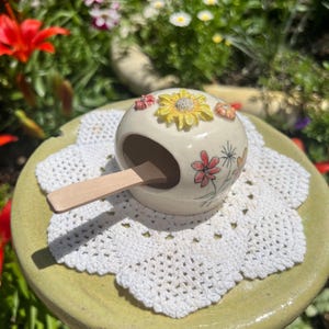 Handmade Porcelain Mini Salt Pig Cellar Stoneware Clay Pot Flowers Hand Painted
