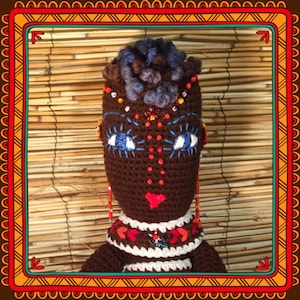 Crochet 24&quot; African Doll, Tribal Print and Facial Markings, Bantu knots, Black doll, OOAK Amigurumi Bee Love Art Doll