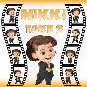 May include: A digital illustration of a young girl with curly brown hair wearing a black suit and a yellow tie. The image is set against a background of a film strip with the text "NIKKI TAKE 2" in gold letters.