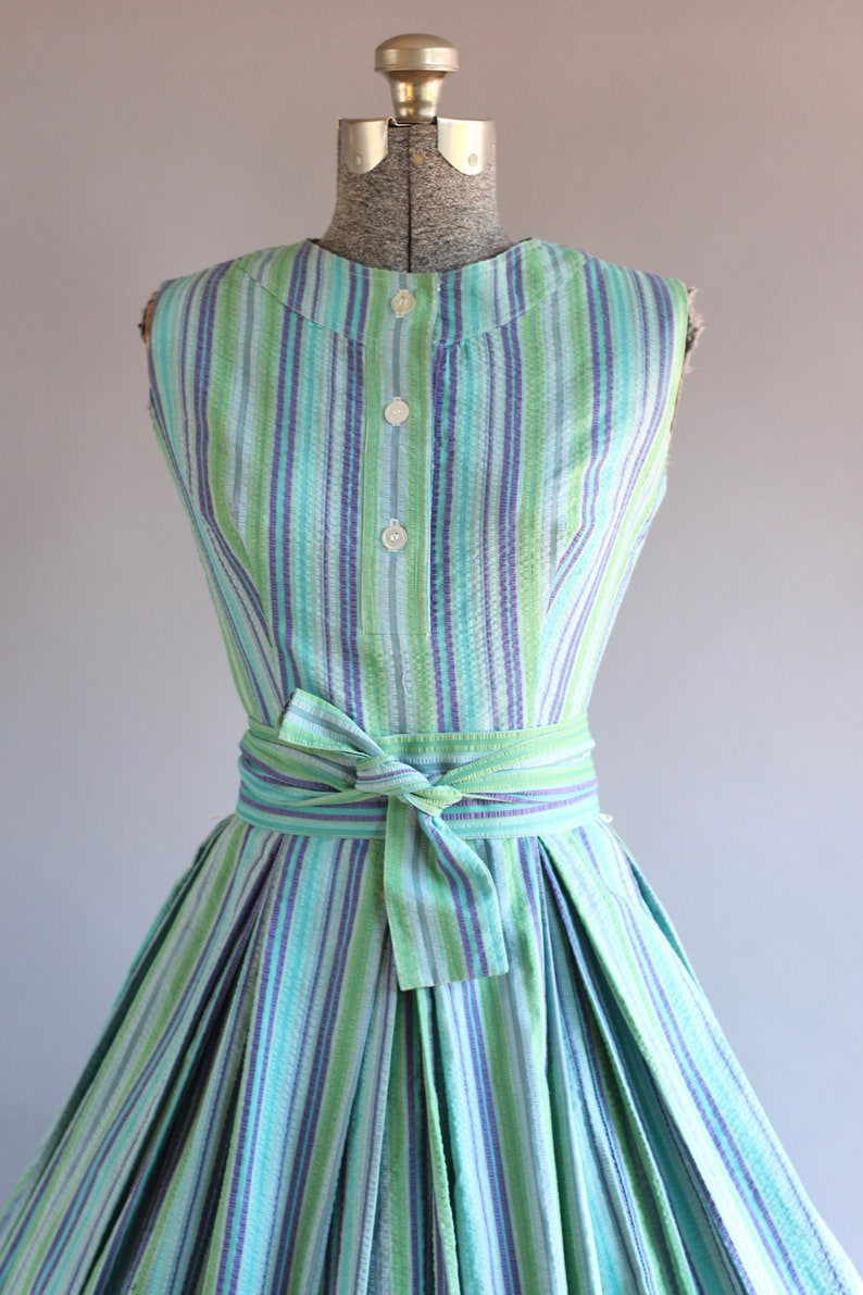 Vintage 1950s Dress / 50s Cotton Dress / Aywon Originals Turquoise and Purple Striped Dress S image 2
