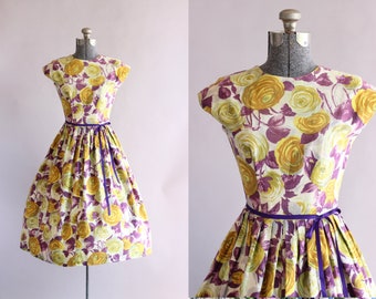 Vintage 1950s Dress / 50s Cotton Dress / Purple and Yellow Floral Print Dress S