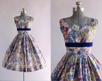 Vintage 1950s Gilden Juniors for Jerry Gilden Blue and Pink Floral Dress w/ Shelf Bust XS