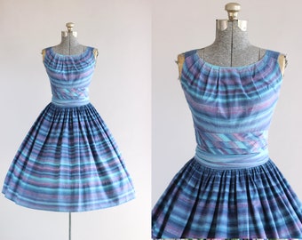 Vintage 1950s Dress / 50s Cotton Dress / Henry Rosenfeld Turquoise and Purple Striped Dress w/ Waist Sash XS/S