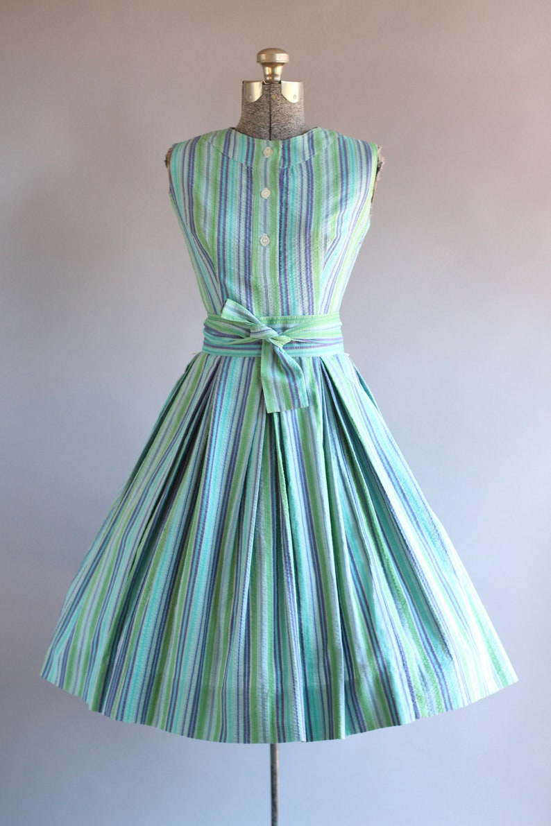 Vintage 1950s Dress / 50s Cotton Dress / Aywon Originals Turquoise and Purple Striped Dress S image 3