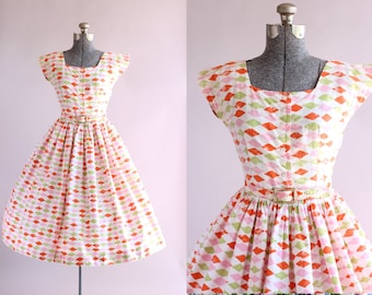 Vintage 1950s Dress / 50s Cotton Dress / Rare Jonathan Logan Pink Orange and Lime Green Harlequin Print Dress XS/S