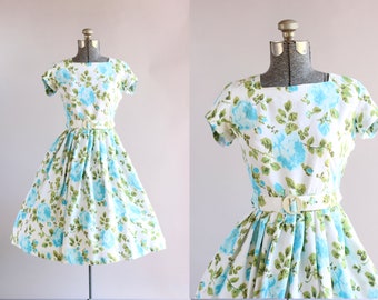 Vintage 1950s Dress / 50s Cotton Dress / LANZ Originals Blue and White ...