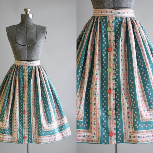 Vintage 1950s Skirt / 50s Cotton Skirt / Turquoise and Pink Floral Striped Skirt w/ Buttons XS