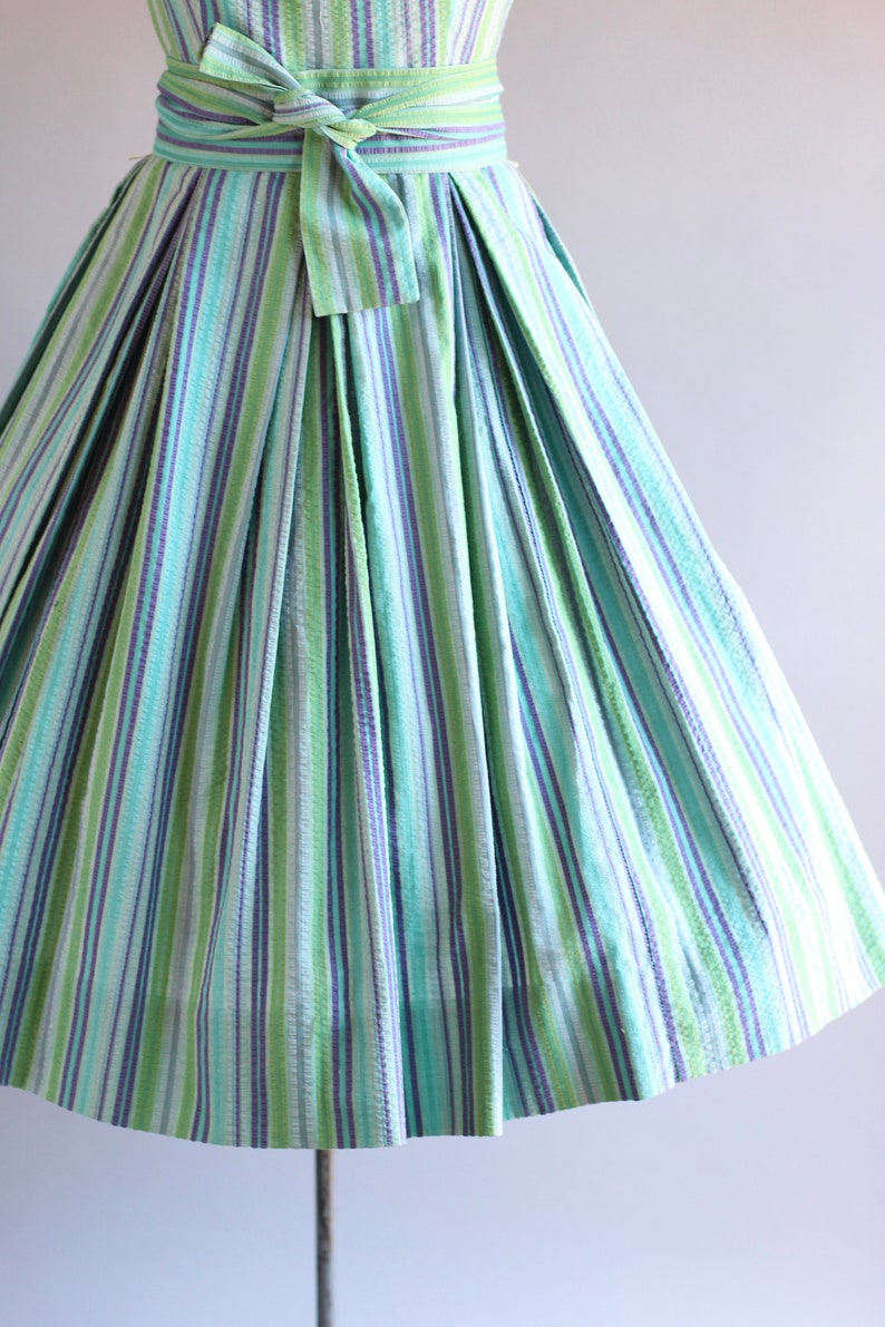 Vintage 1950s Dress / 50s Cotton Dress / Aywon Originals Turquoise and Purple Striped Dress S image 4