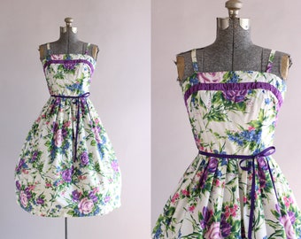 Vintage 1950s Dress / 50s Cotton Dress / Purple Floral Print Sun Dress w/ Matching Bolero S