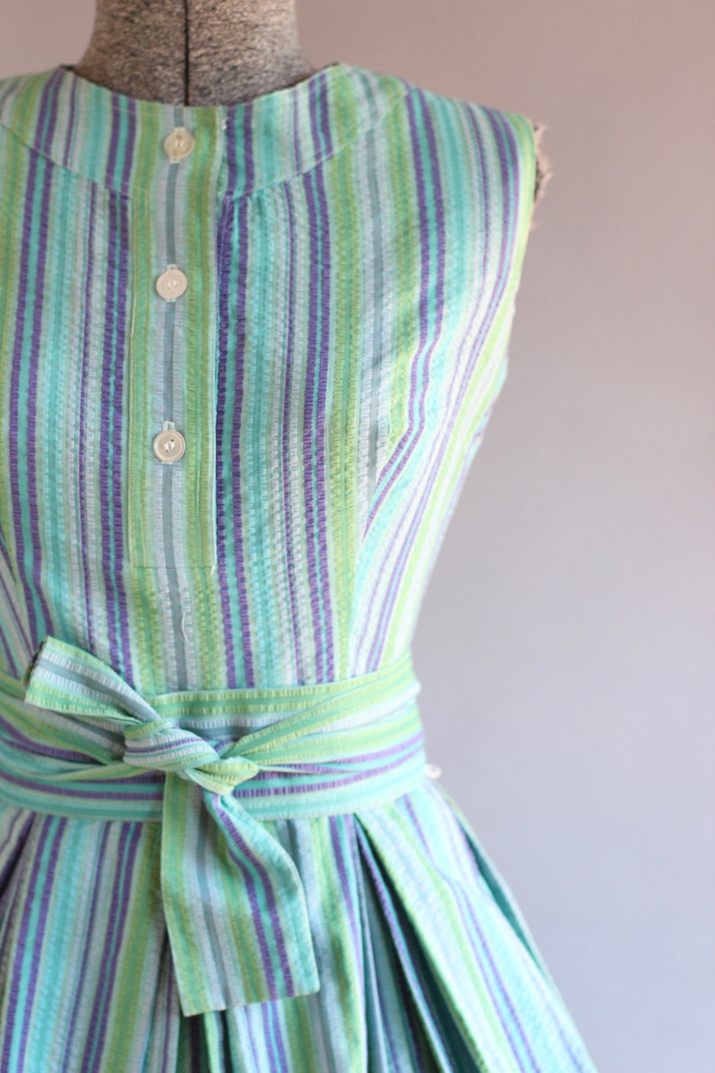 Vintage 1950s Dress / 50s Cotton Dress / Aywon Originals Turquoise and Purple Striped Dress S image 6