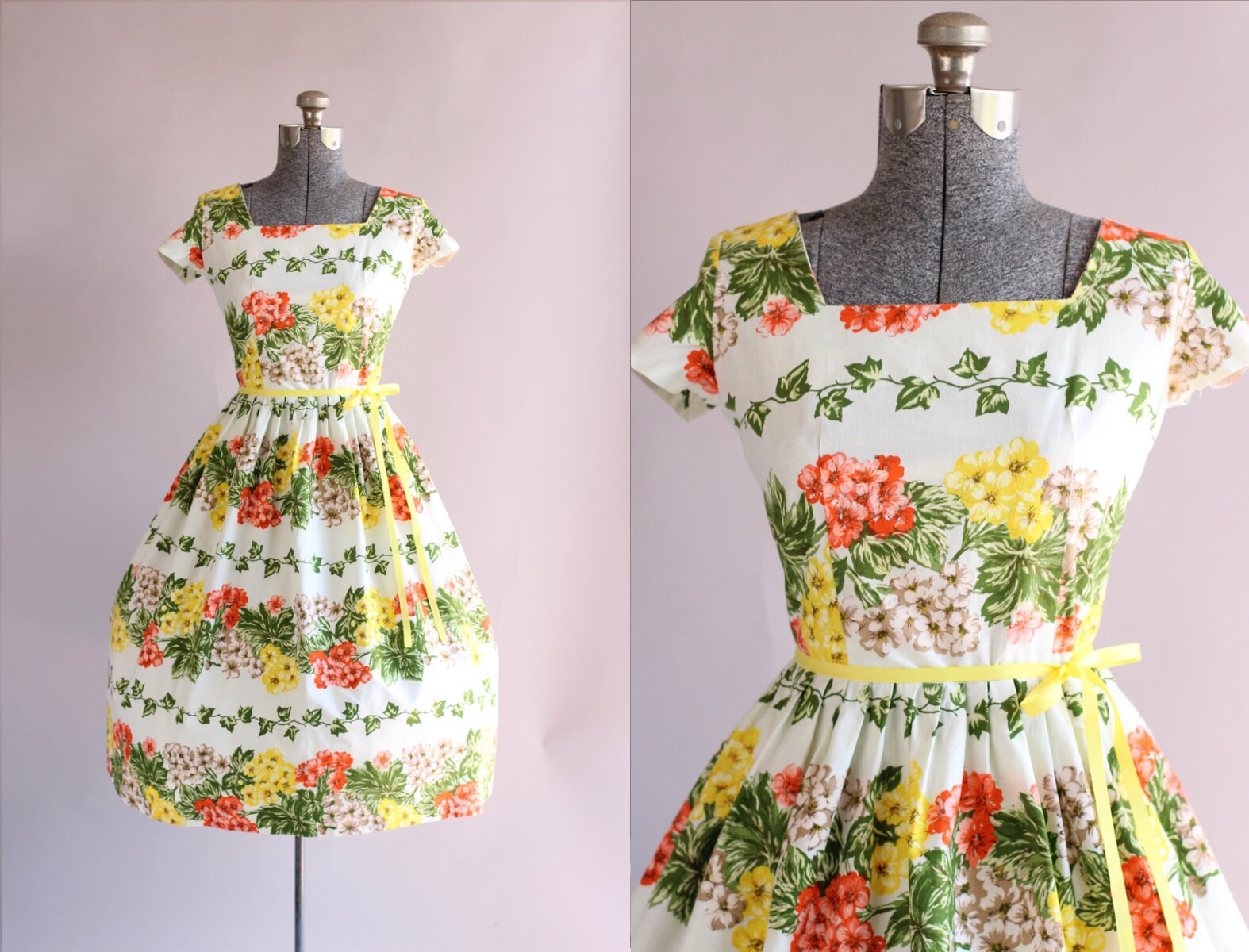 Vintage 1950s Dress / 50s Cotton Dress / Modeled by Millroy Bright Floral Print Dress w/ Full Skirt S