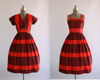 Vintage 1950s Dress / 50s Cotton Dress / Betty Barclay Red and Black Eyelet Print Dress w/ Matching Bolero XS