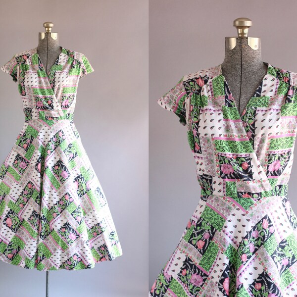 Vintage 1950s Dress / 50s Cotton Dress / Pink Green and Black Floral Patchwork Print Dress w/ Full Skirt M