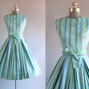 Vintage 1950s Dress / 50s Cotton Dress / Aywon Originals Turquoise and Purple Striped Dress S image 1