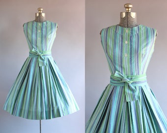 Vintage 1950s Dress / 50s Cotton Dress / Aywon Originals Turquoise and Purple Striped Dress S