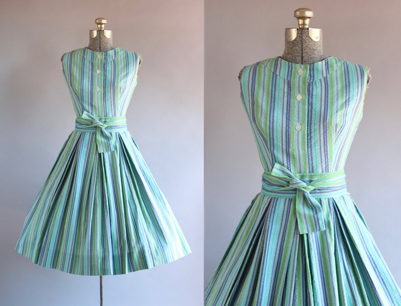 Vintage 1950s Dress / 50s Cotton Dress / Aywon Originals Turquoise and Purple Striped Dress S image 1