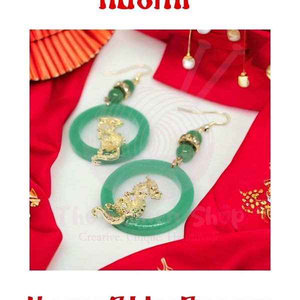 Year of the Dragon, Faux Jade, Dangle Earrings, Chinese New Year, Lunar New Year, Red Lantern, Lucky Studs, Pearl Drops, The Kamen Shop