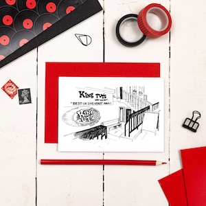 May include: A black and white illustration of King Tut's Wah Wah Hut, a music venue in Glasgow, Scotland. The illustration shows the entrance to the venue with a staircase and a sign that reads "King Tut's Wah Wah Hut" and "Best UK Live Venue - Mojo".