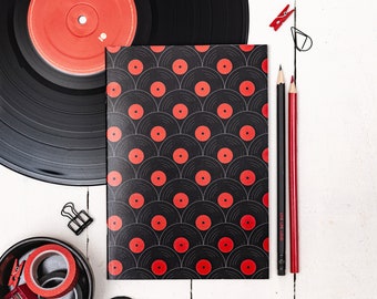 Dotted Paper Notebook - Records Print - Music Theme A5 Journal - Black Red Pattern Pad - Dotted Notepad - Music Theme Stationery