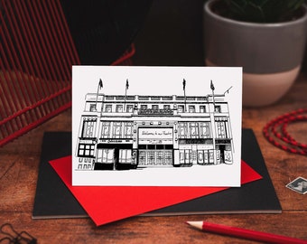 Puede incluir: Una ilustración en blanco y negro de un edificio con el texto "Welcome to our Theatre" sobre la entrada. El edificio tiene un letrero que dice "Chinchilla" en el lado izquierdo y "Just Relax" en el lado derecho.