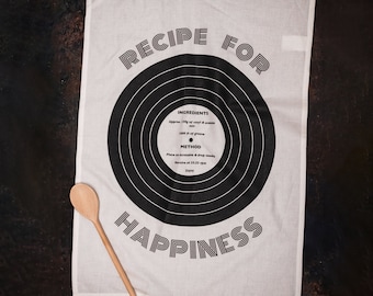 Monochrome Record Theme Recipe Tea Towel, Gift Music Lover, Housewarming, 2nd Anniversary, Records, Vinyl, Homewares