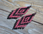 Native American Style, Pink Beaded Fringe Earrings, Seed Bead Jewelry