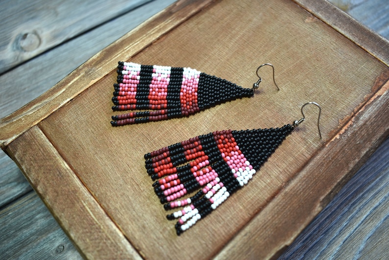 Native Inspired RED FRINGE EARRINGS Seed Beaded Ombre Earrings