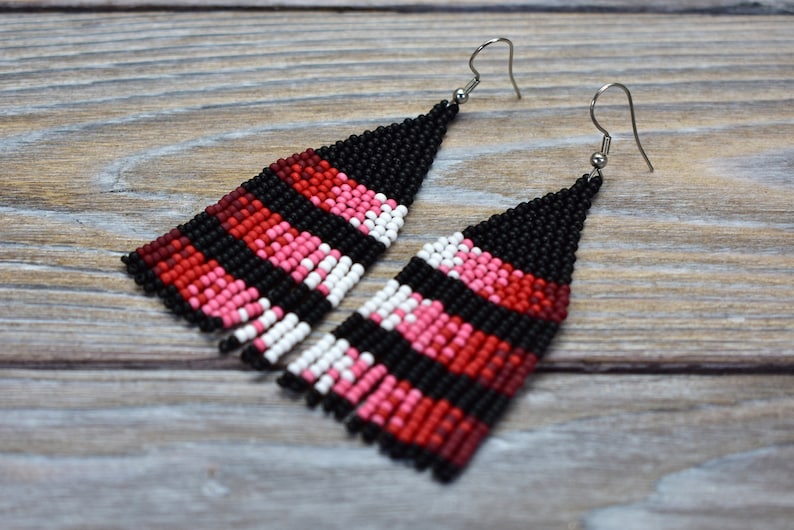 Native Inspired RED FRINGE EARRINGS Seed Beaded Ombre Earrings