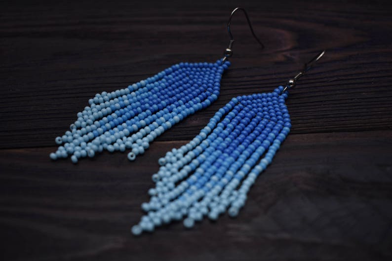 Tribal Earrings Blue Ombre Earrings Indian Boho Earrings Beaded Fringe Earrings Gypsy Tribe Earrings