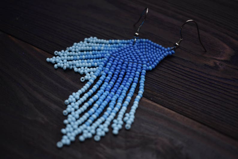 Tribal Earrings Blue Ombre Earrings Indian Boho Earrings Beaded Fringe Earrings Gypsy Tribe Earrings