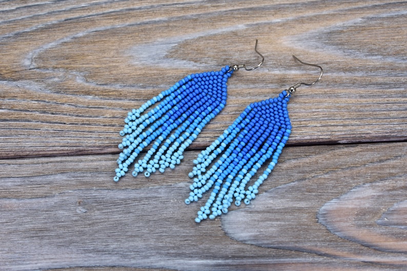 Tribal Earrings Blue Ombre Earrings Indian Boho Earrings Beaded Fringe Earrings Gypsy Tribe Earrings