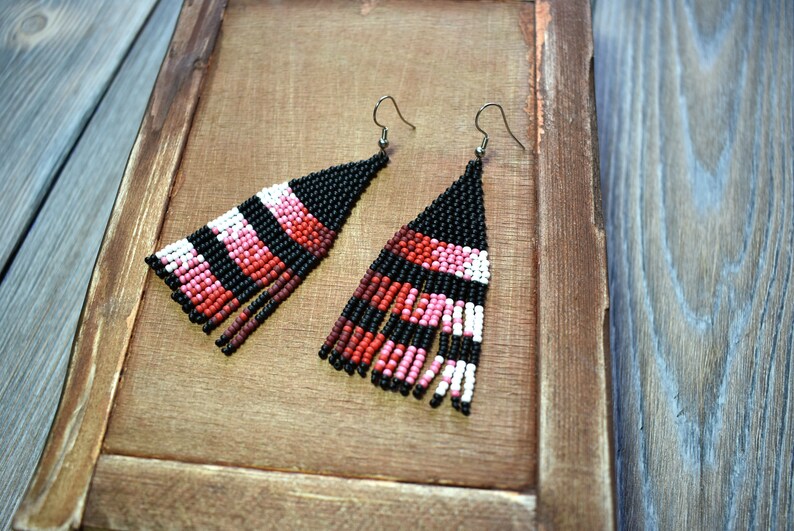 Native Inspired RED FRINGE EARRINGS Seed Beaded Ombre Earrings