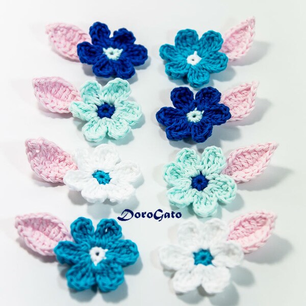 Crochet Flowers, flowers 8 pieces with 8 pink leaves, white, aqua, light blue, dark blue, crochet flower applique, scrapbooks, embellishment